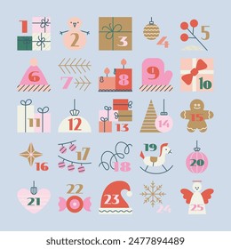 Christmas advent calendar with simple flat illustrations, numbers. Cute pinky retro winter vector elements for funny tradition.