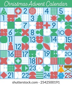 Calendário do advento do Natal com ilustrações simples, números. Calendário do advento, cartaz de Natal alegre, modelo imprimível com elementos de Natal em estilo minimalista moderno. Formas geométricas.