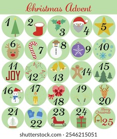 Christmas advent calendar with simple flat illustrations, numbers. Advent Calendar, Merry Christmas poster, printable template with Xmas elements in modern minimalist style. Vector illustration