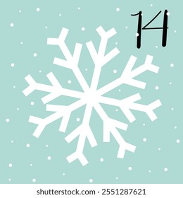 Christmas advent calendar with snowflake and snowfall. 14th of december day. Vector flat illustration