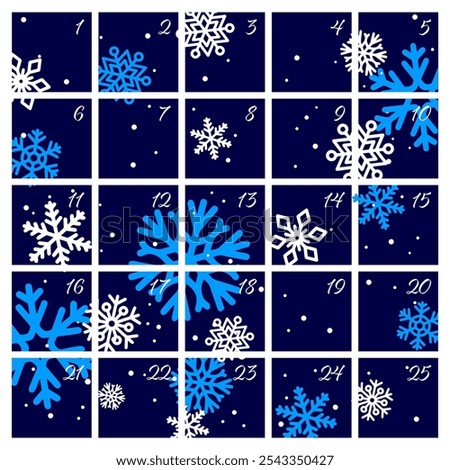 Christmas advent calendar with snowflakes and dates from 1st to 25th December to countdown days until the holiday. Ready to print or for web Christmas calendar.