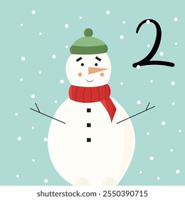 Christmas advent calendar with snowman and snowfall. 2nd of december day. Vector flat illustration