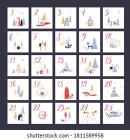 Christmas advent calendar. Square layout with hand drawn countdown numbers, cute illustrations of trees, animals and houses. Vector poster design.