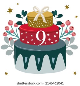Christmas Advent Calendar square ready made card. Hand drawn vector illustration with winter holidays christmas elements, Christmas card