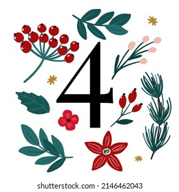Christmas Advent Calendar square ready made card. Hand drawn vector illustration with winter holidays christmas elements, Christmas card