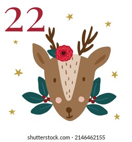 Christmas Advent Calendar square ready amde card. Hand drawn vector illustration with winter holidays christmas elements, Christmas card
