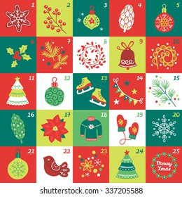 Christmas Advent Calendar with star, cookie, ball, cone, berries, bauble, poinsettia, fir branches, wreath, bell, swirl, fir tree, skates, garland, sweater, mittens, snowflake, bird and confetti