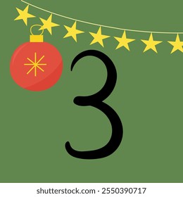 Christmas advent calendar with star garland and number 3. 3rd of december day. Vector flat illustration