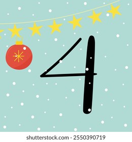 Christmas advent calendar with star garland and snowfall. 4th of december day. Vector flat illustration