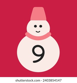 Christmas advent calendar in the style of minimalism, flat lay. Day 9 with a snowman on a pink background