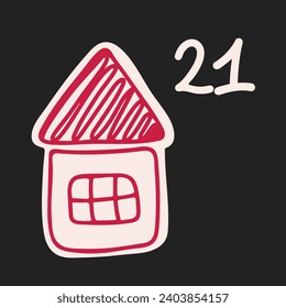 Weihnachtskalender im Stil des Minimalismus, flach gelegt. Tag 21 mit Ingwer-Haus