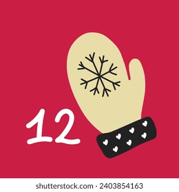 Christmas advent calendar in the style of minimalism, flat lay. Day 12 with golden mitten on pink background