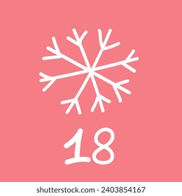 Christmas advent calendar in the style of minimalism, flat lay. Day 18 with a white snowflake on a pink background