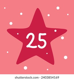 Christmas advent calendar in the style of minimalism, flat lay. Day 25. Christmas pink Star with snowflakes