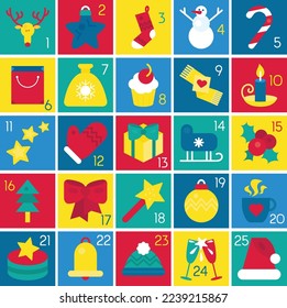 Christmas advent calendar stylish accessory vector. Xmas box decorated deer and snowman, santa claus hat and mitten, gift and burning candle, candy and hot cocoa drink flat cartoon illustration