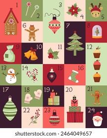 Christmas advent calendar. Surprise cards. gingerbread house and Christmas tree. Christmas tree decorations and magic ball. Sweets - cupcakes and candy cane. Ornamental plants. Vector. Flat style