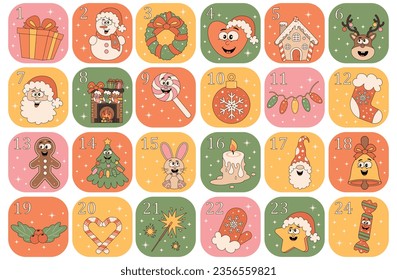 Christmas advent calendar surprise. Countdown retro cartoon style elements. Vector groovy characters.