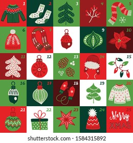 Christmas Advent Calendar with sweater, socks, fir tree, berries, scarf, hat, acorn, poinsettia, ball, cone, garland, mittens in Red, Green and White. Scandinavian style. Perfect for winter holidays