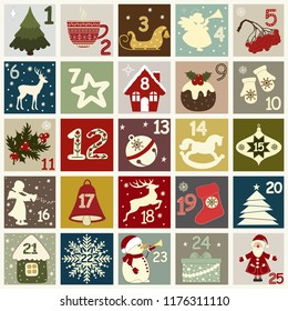 Christmas advent calendar with Christmas symbols. Winter holidays poster