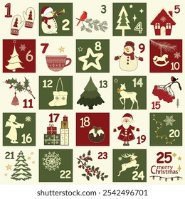 Christmas advent calendar with Christmas symbols. Winter holidays poster