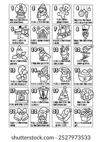 Navidades Calendario de Adviento con tareas para cada día. Navidades para colorear para niños. Ilustración vectorial