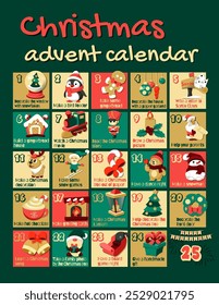 Christmas advent calendar with tasks for each day. Festive countdown with cute funny Christmas symbols