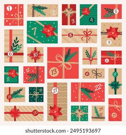 Christmas advent calendar template with gifts. Countdown holiday calendar. Vector illustration.