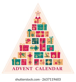 Christmas advent calendar template with gifts. Countdown holiday calendar. Christmas tree. Vector illustration.