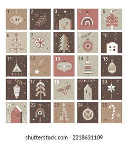 Christmas advent calendar in terracotta colors with hand drawn christmas elements for kids. Christmas trees, balls, houses and baubles for design calender. Xmas isolated cozy decor elements.Vector.