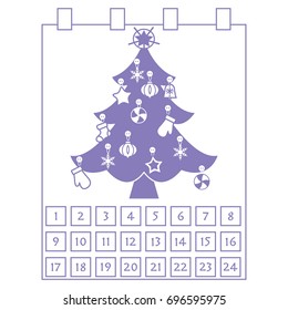 Christmas Advent Calendar: christmas tree with decorations: stars, sock, snowflakes, mittens. Design for postcard, banner, poster or print.