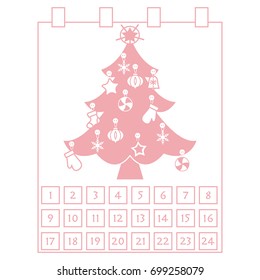 Christmas Advent Calendar: christmas tree with decorations: stars, sock, snowflakes, mittens. Design for postcard, banner, poster or print.