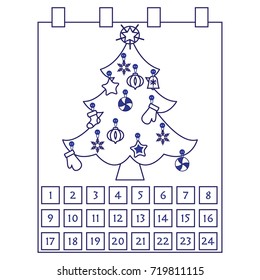 Christmas Advent Calendar: christmas tree with decorations: stars, sock, snowflakes, mittens. Design for postcard, banner, poster or print.