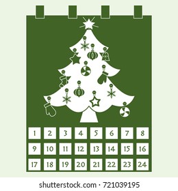 Christmas Advent Calendar: Christmas tree with decorations: stars, sock, snowflakes, mittens. Design for postcard, banner, poster or print.