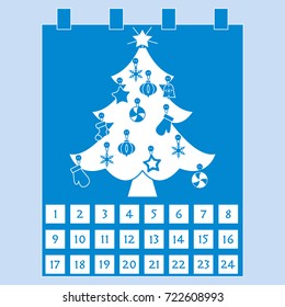Christmas Advent Calendar: christmas tree with decorations: stars, sock, snowflakes, mittens. Design for postcard, banner, poster or print.