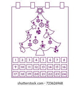 Christmas Advent Calendar: christmas tree with decorations: stars, sock, snowflakes, mittens. Design for postcard, banner, poster or print.