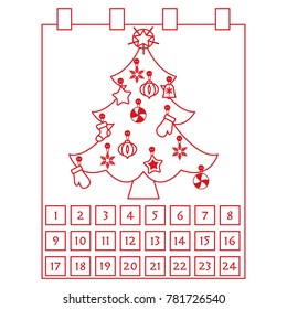 Christmas Advent Calendar: christmas tree with decorations: stars, sock, snowflakes, mittens. Design for postcard, banner, poster or print.