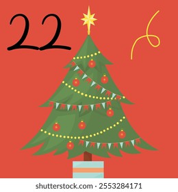 Christmas advent calendar with Christmas tree and garlands decorations. 22nd of december day. Vector flat illustration