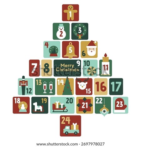 Christmas Advent Calendar in Tree Shape with Cute Festive Icons Retro Holiday Blocks Merry Winter Vector Illustration