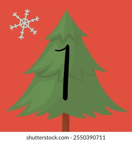 Christmas advent calendar with Christmas tree and snowflake. 1st of december day. Vector flat illustration