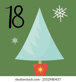 Christmas advent calendar with Christmas tree and snowflake. 18th of december day. Vector flat illustration