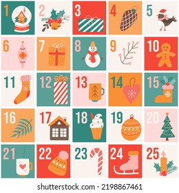 Christmas Advent calendar with various holiday symbols. Flat illustration in hand drawn style.