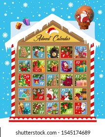 Christmas advent calendar vector design of Xmas and New Year december month holidays countdown. Christmas tree, Santa gift and stocking, snowman, elf and presents, bell, candy and cookie