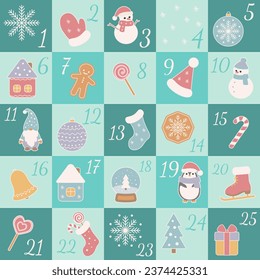 Christmas advent calendar. Vector holiday design elements.