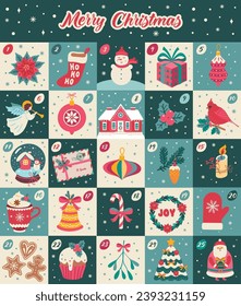 Christmas Advent calendar. Vector illustration. Template for print