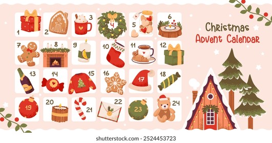 Christmas advent calendar vector with numbered windows. Daily surprises, teddy bear, gingerbread, and candles. A cozy winter countdown with treats.