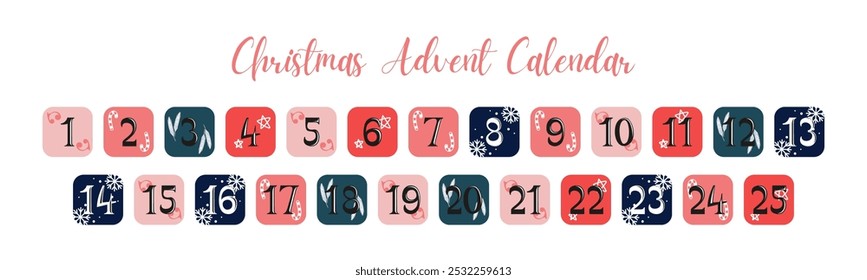 Christmas Advent Calendar vector numbers collection. Christmas ornament buttons set. 