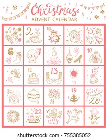 Christmas Advent Calendar. Vector Winter Holidays poster
