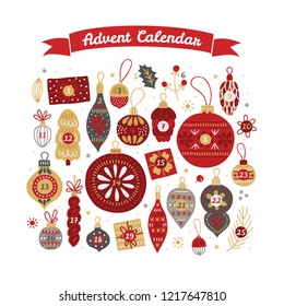 Christmas Advent Calendar with vintage decoration, gift, ball, bauble, cone, snowflake and leaves