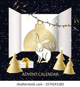 Christmas advent calendar. White snow, garlands of luminous bulbs, golden christmas trees, gift surprise, golden ball and an open wide window on blue background. Merry Christmas poster concept. Vector