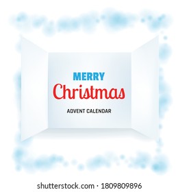 Christmas advent calendar window. Merry xmas opening calendar doors with snowflakes. Festive celebration greeting card mockup, new year background vector illustration